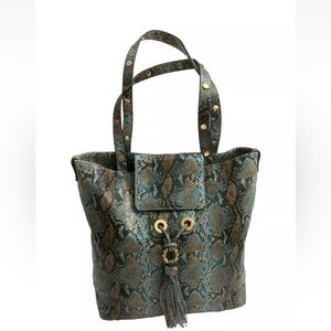 AIMEE KESTENBERG Blue Embossed Leather Snakeskin Shoulder Tote Large Bag
